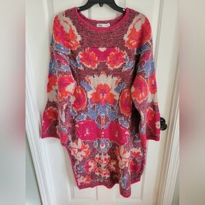 Zara Women's Floral Jacquard Knit Tunic Sweater Long Sleeve Side Slit Small